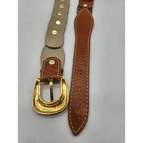 Leopard Cheetah Animal Print Gold Studded Leather Belt Womens M 32" to 37" - Picture 7 of 8